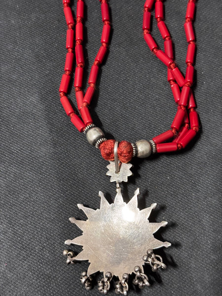 Sunburst Silver Pendant With Coral