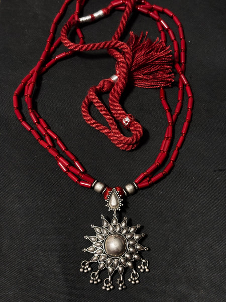 Sunburst Silver Pendant With Coral