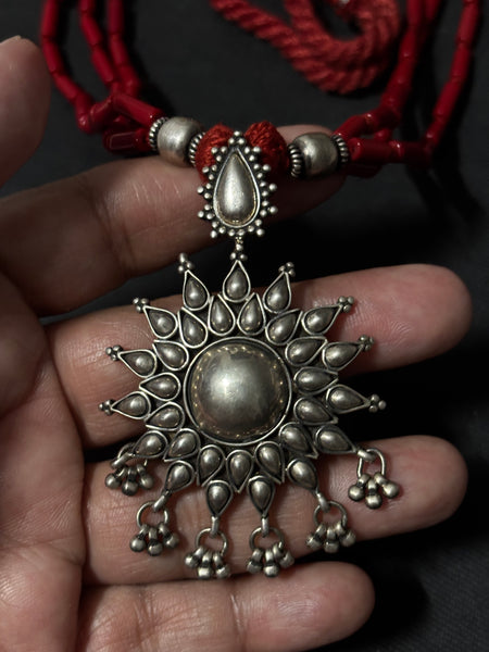 Sunburst Silver Pendant With Coral
