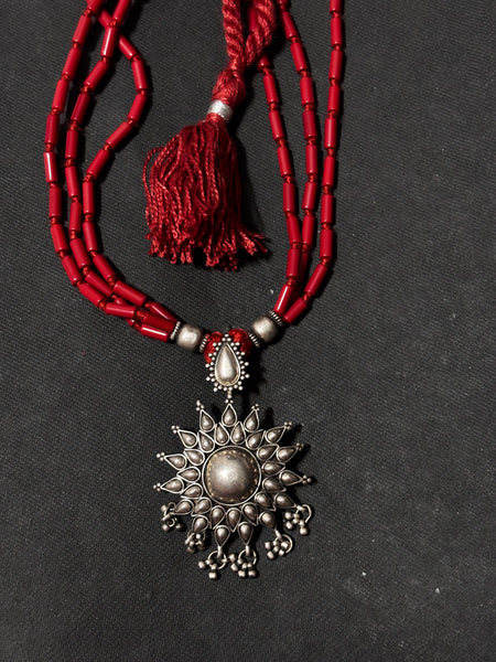 Sunburst Silver Pendant With Coral