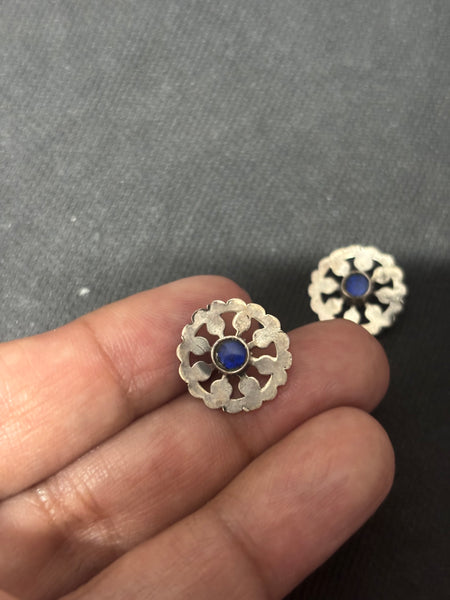 Silver Cutwork Blue Stone Stud