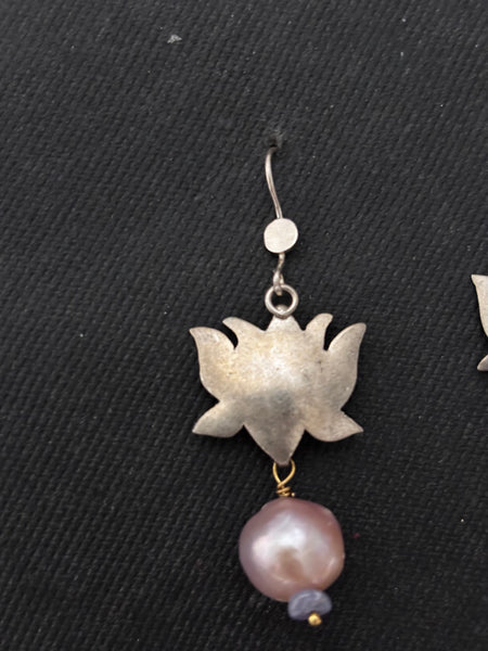 Silver Lotus with Pearl Drop Earrings