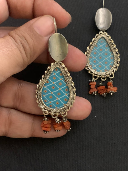Teal Handpainted Silver Earrings