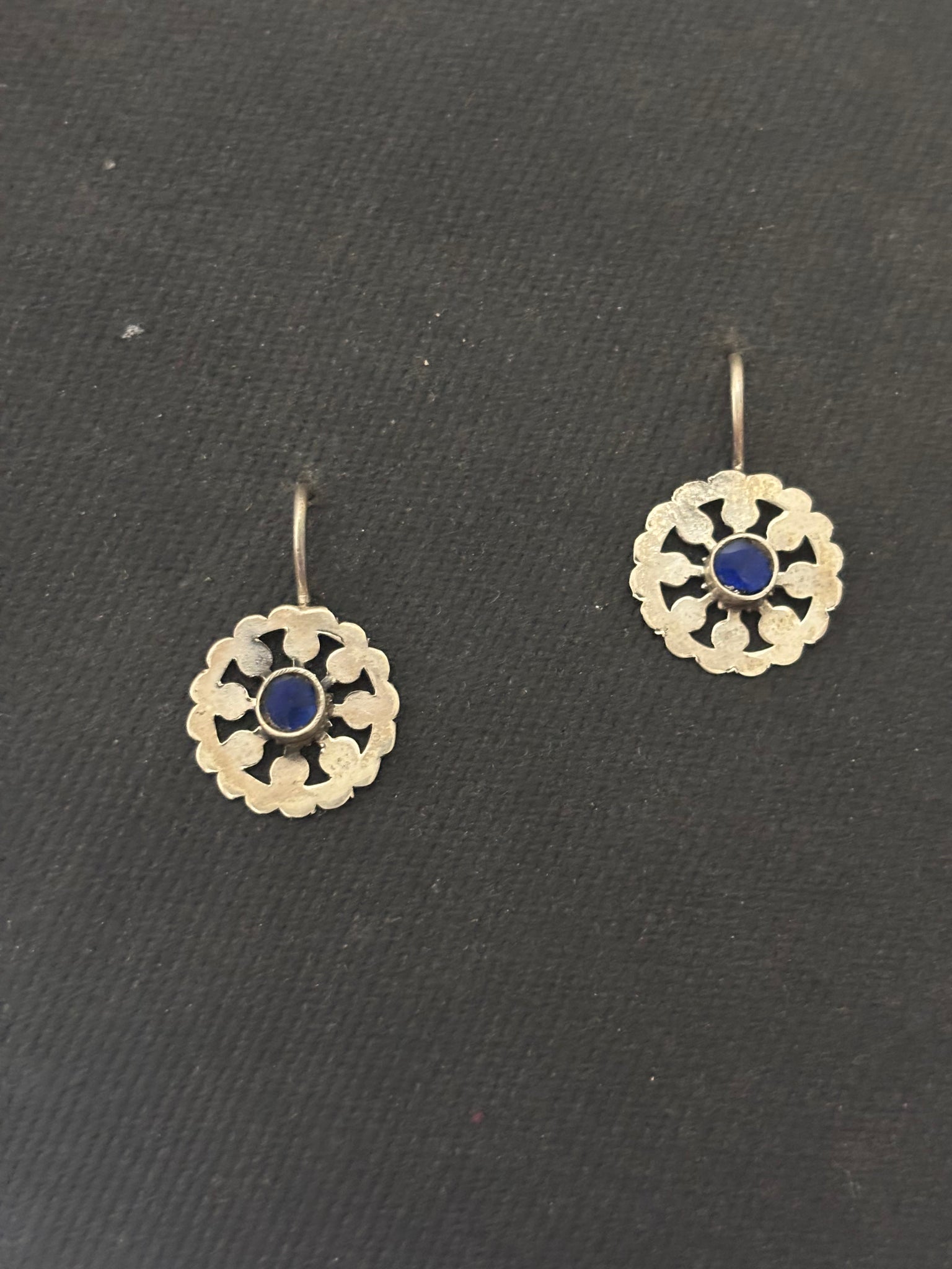 Blue Stone Silver Cutwork Earrings