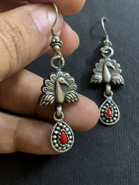 Silver Peacock Coral Earrings