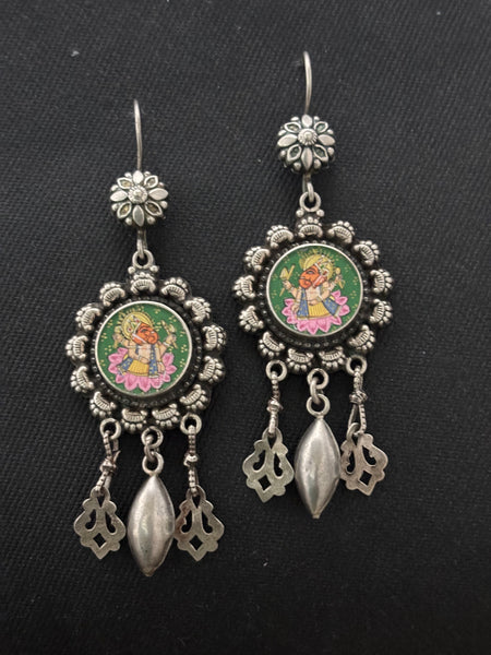 Silver Handpainted Ganesh Earrings