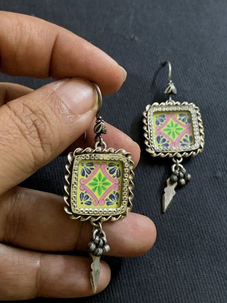 Silver Square Handpainted Earrings